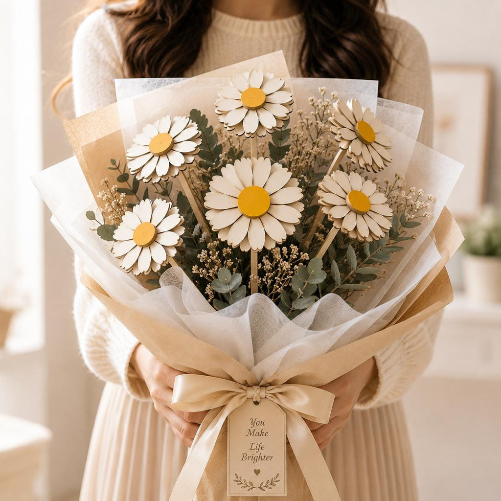 3D layered daisy bouquet laser cut SVG file with wooden flowers and decorative wrapping. Perfect for Glowforge, xTool, laser engraving, Mother's Day gifts, wedding decor, and floral craft projects.