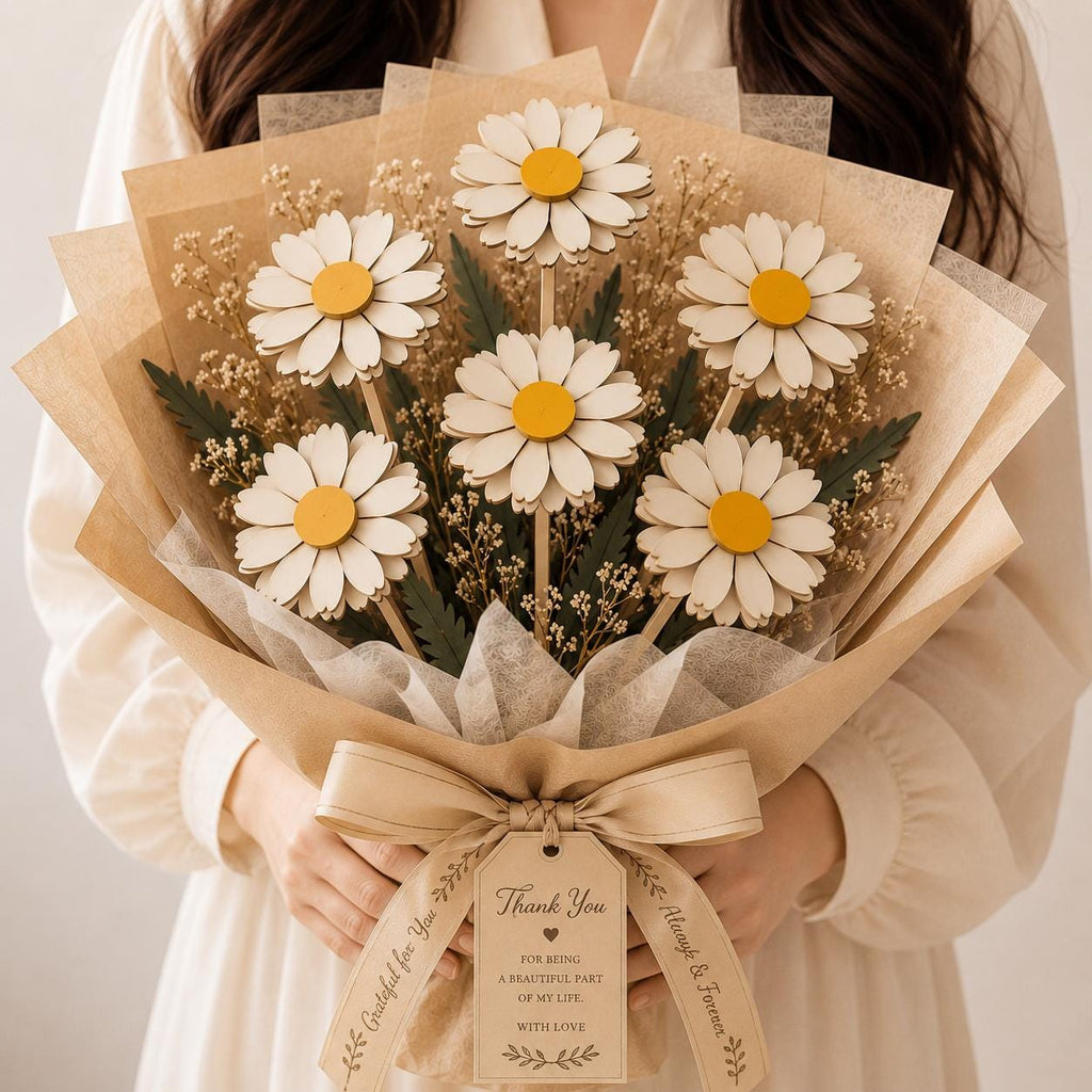Daisy flower bouquet SVG laser cut file presented as a thoughtful thank you gift. Layered wooden flower arrangement for Glowforge, xTool, CNC cutting, and handmade gift projects.