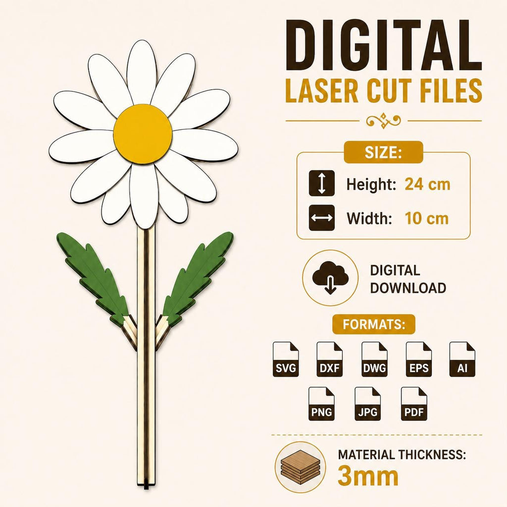 Single layered daisy flower laser cut SVG file with wooden stem and leaves. Ideal for Glowforge, xTool, CNC woodworking, DIY floral crafts, nursery decor, and spring decoration projects.