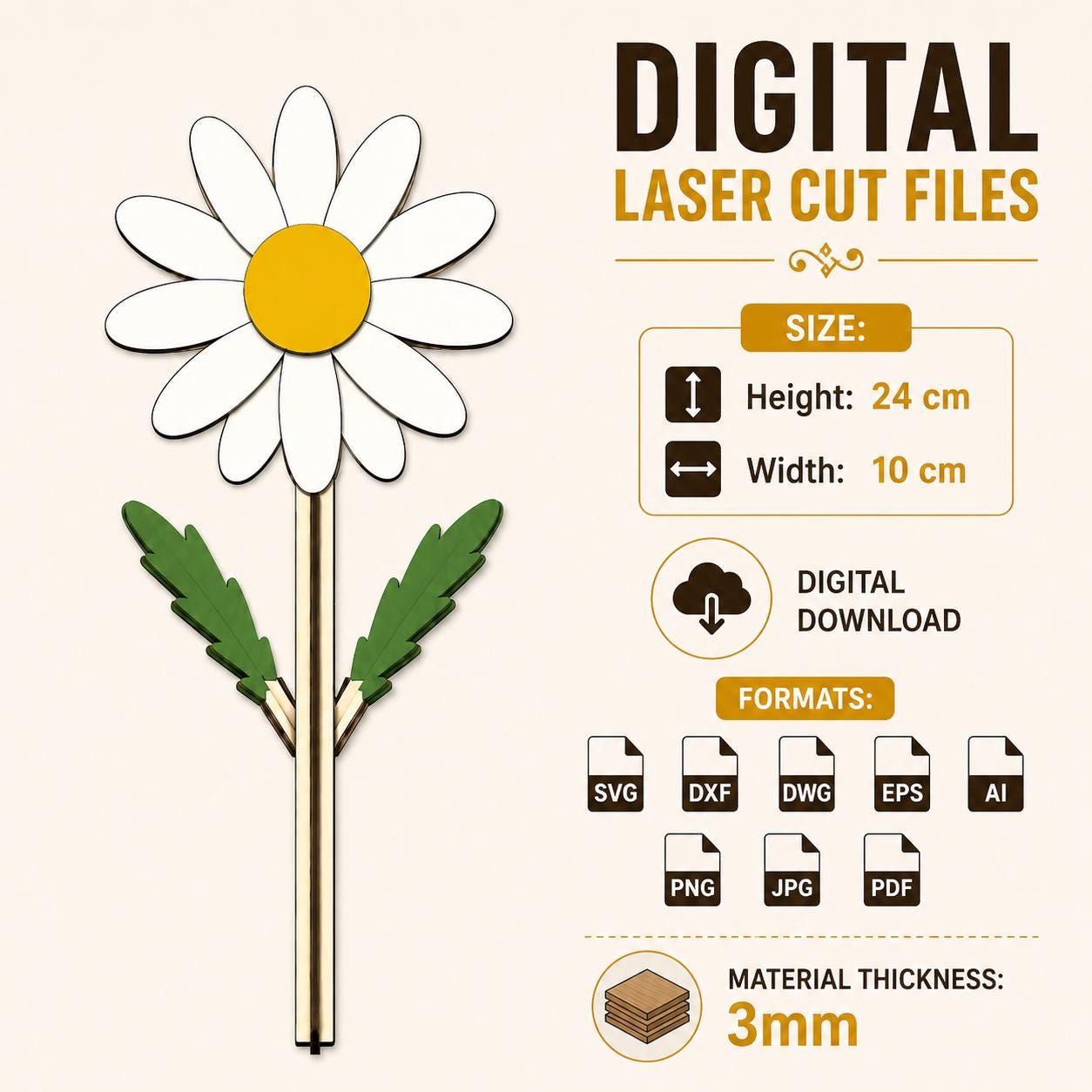 Single layered daisy flower laser cut SVG file with wooden stem and leaves. Ideal for Glowforge, xTool, CNC woodworking, DIY floral crafts, nursery decor, and spring decoration projects.
