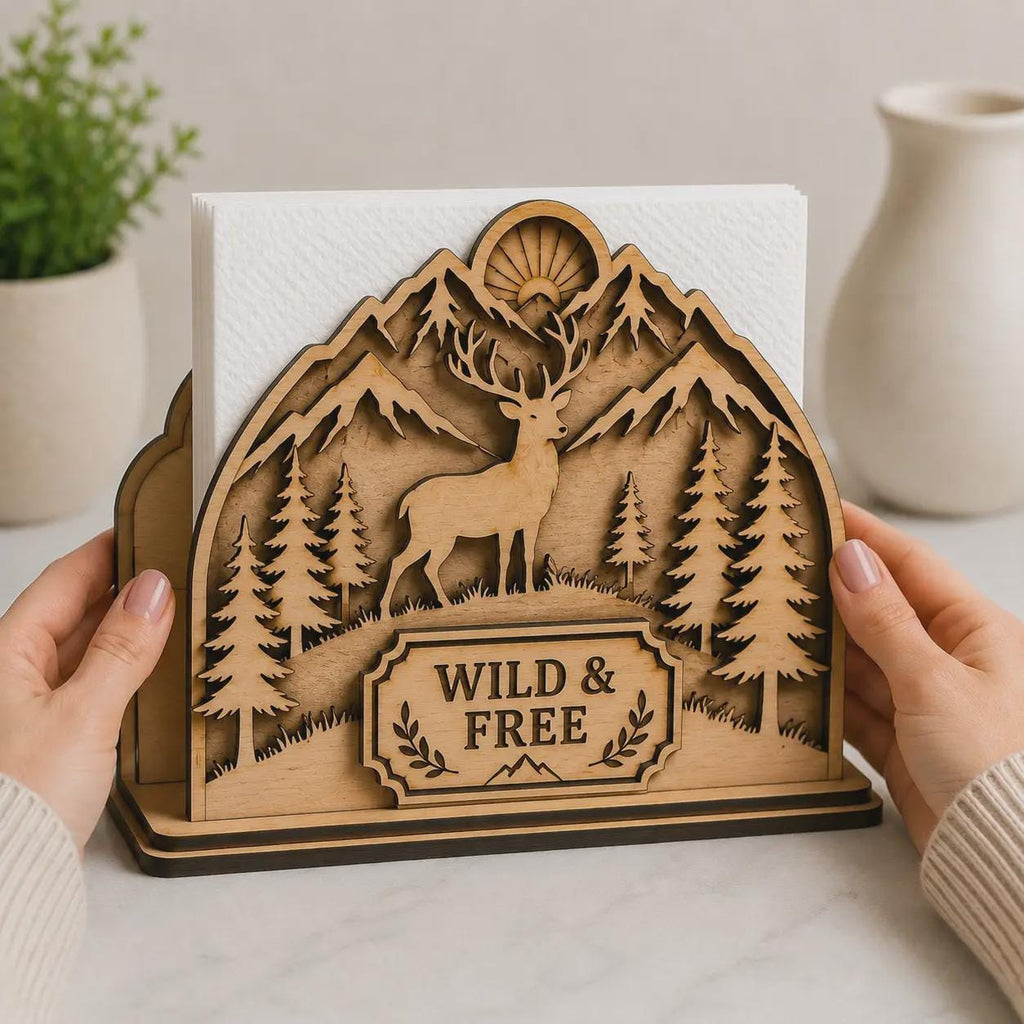 Rustic deer napkin holder displayed on a wooden table, featuring layered mountain scenery, woodland elements, pine trees, and decorative laser cut craftsmanship.