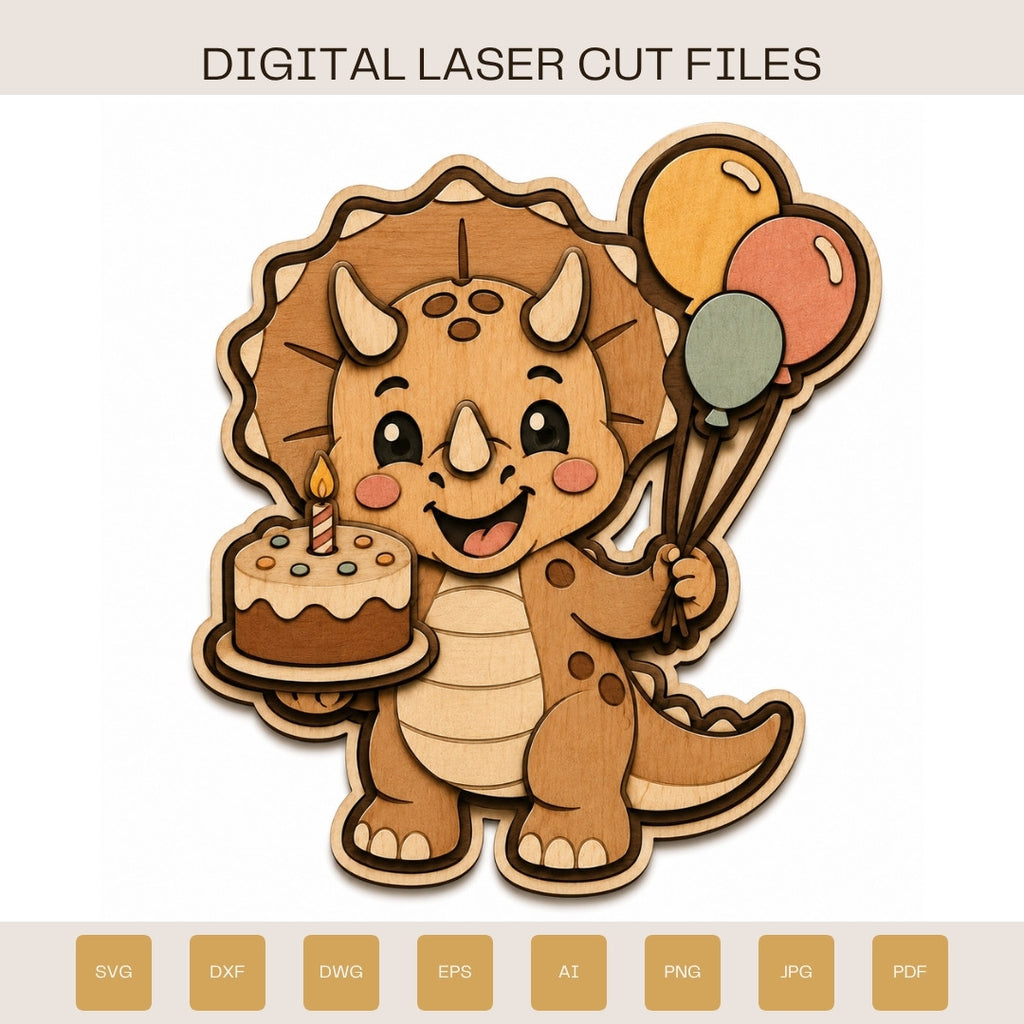 Cute dinosaur birthday cake topper SVG featuring a smiling triceratops holding balloons and a birthday cake. Layered laser cut file perfect for kids birthday parties, Glowforge projects, Cricut crafts, and DIY cake decorations.