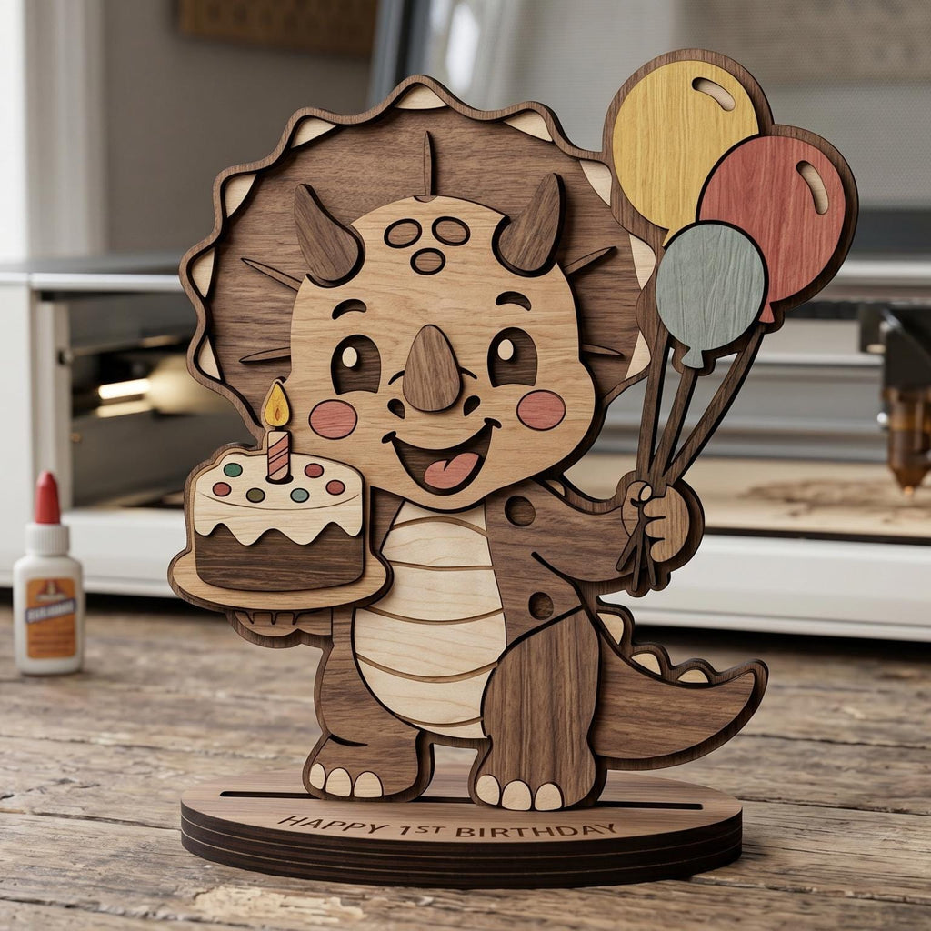 Cute dinosaur birthday party decoration displayed on a frosted cake, featuring layered wooden elements and playful details. Laser cut SVG file suitable for kids birthday celebrations and party supplies.