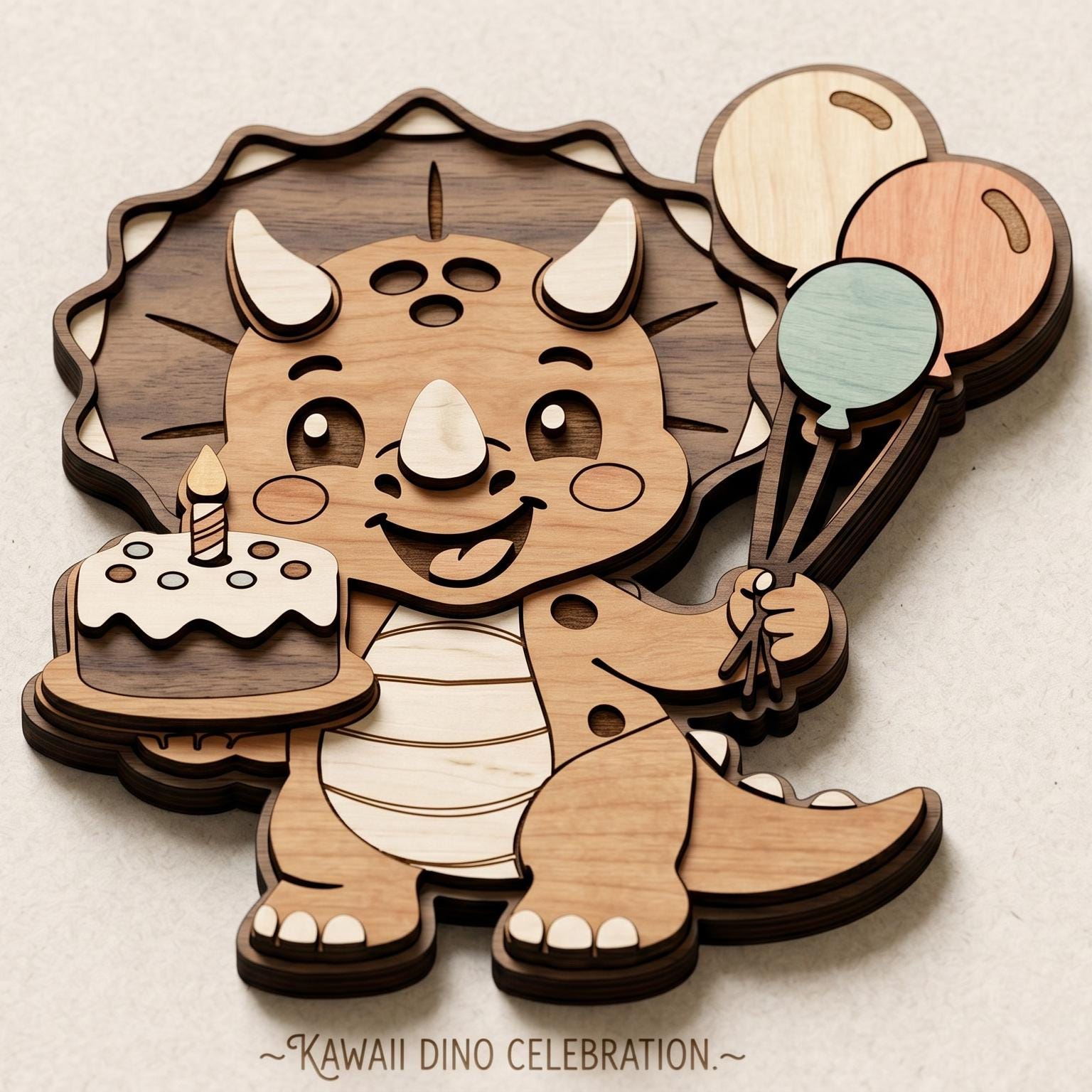 Premium layered dinosaur birthday cake topper SVG with a happy triceratops, balloons, and celebration cake. Perfect digital file for laser cutting machines, birthday crafts, and personalized party decorations.