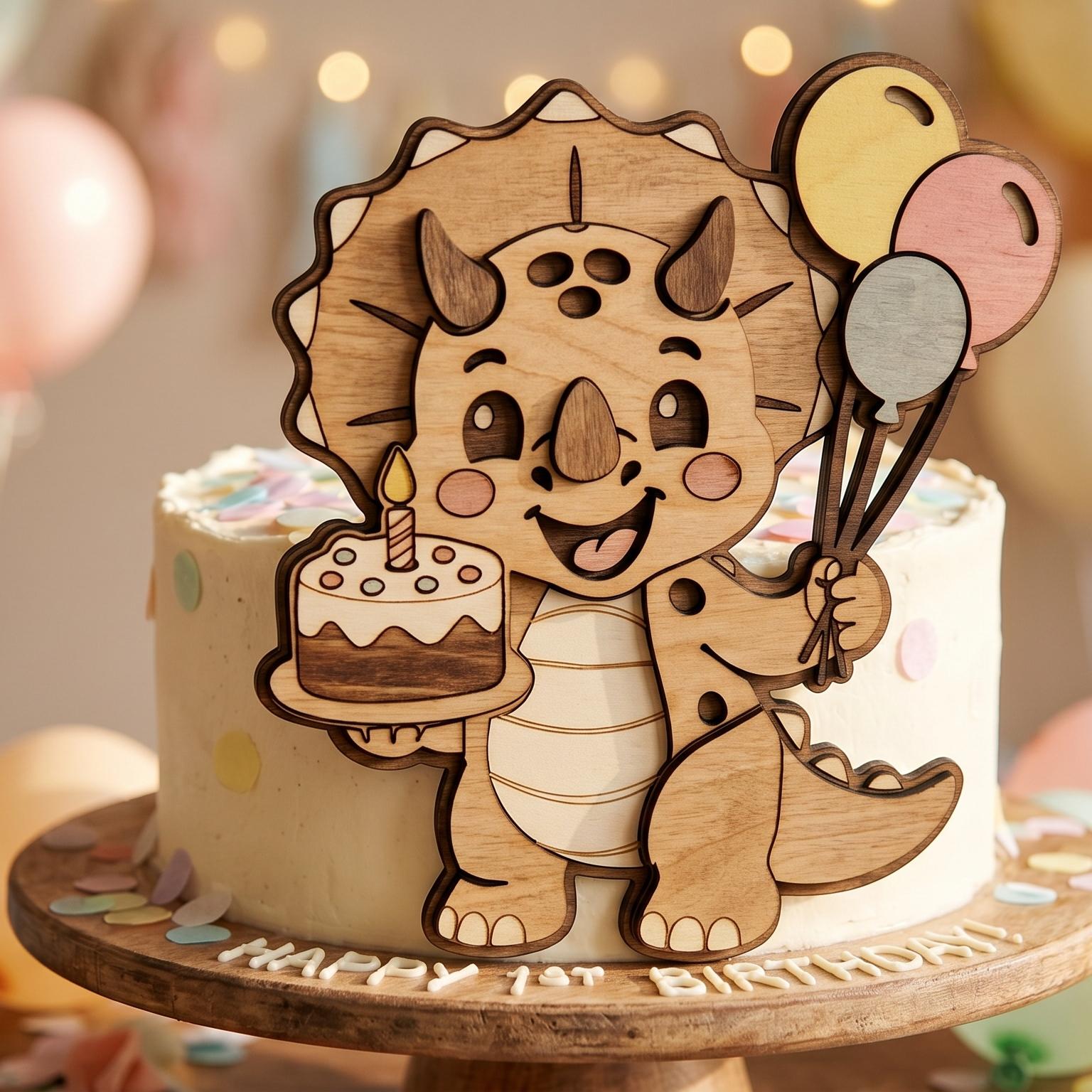 Adorable dinosaur cake topper displayed on a birthday cake, featuring a happy triceratops holding colorful balloons. Digital SVG laser cut file for dinosaur-themed birthday parties and custom cake decorations.