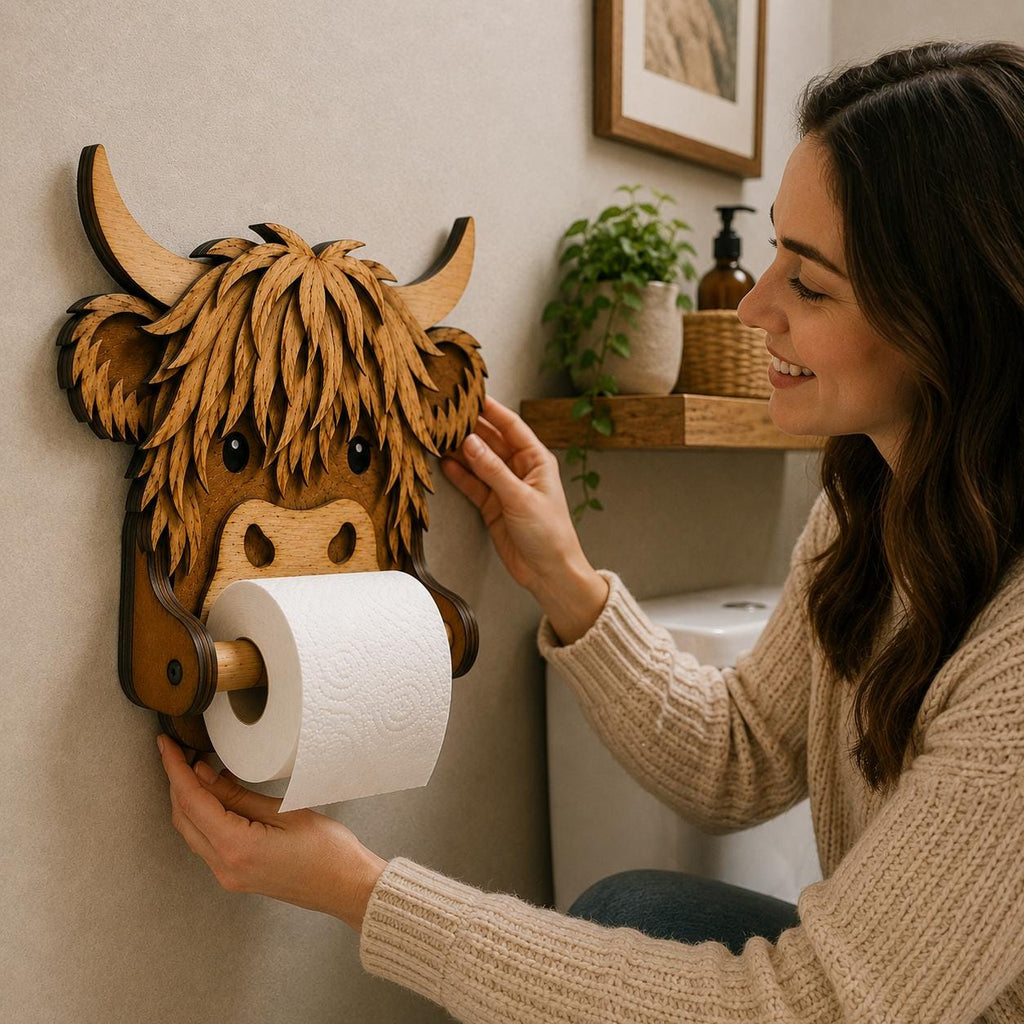 Woman installing a Highland Cow toilet paper holder laser cut project in a bathroom, demonstrating DIY assembly and farmhouse wall decoration.