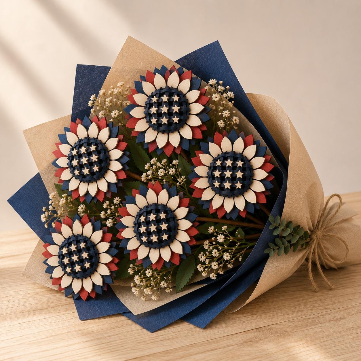 Finished patriotic wooden flower bouquet displayed in a woodworking workshop, showcasing laser-cut layered flower components and handcrafted assembly. Perfect SVG project for laser cutting enthusiasts.