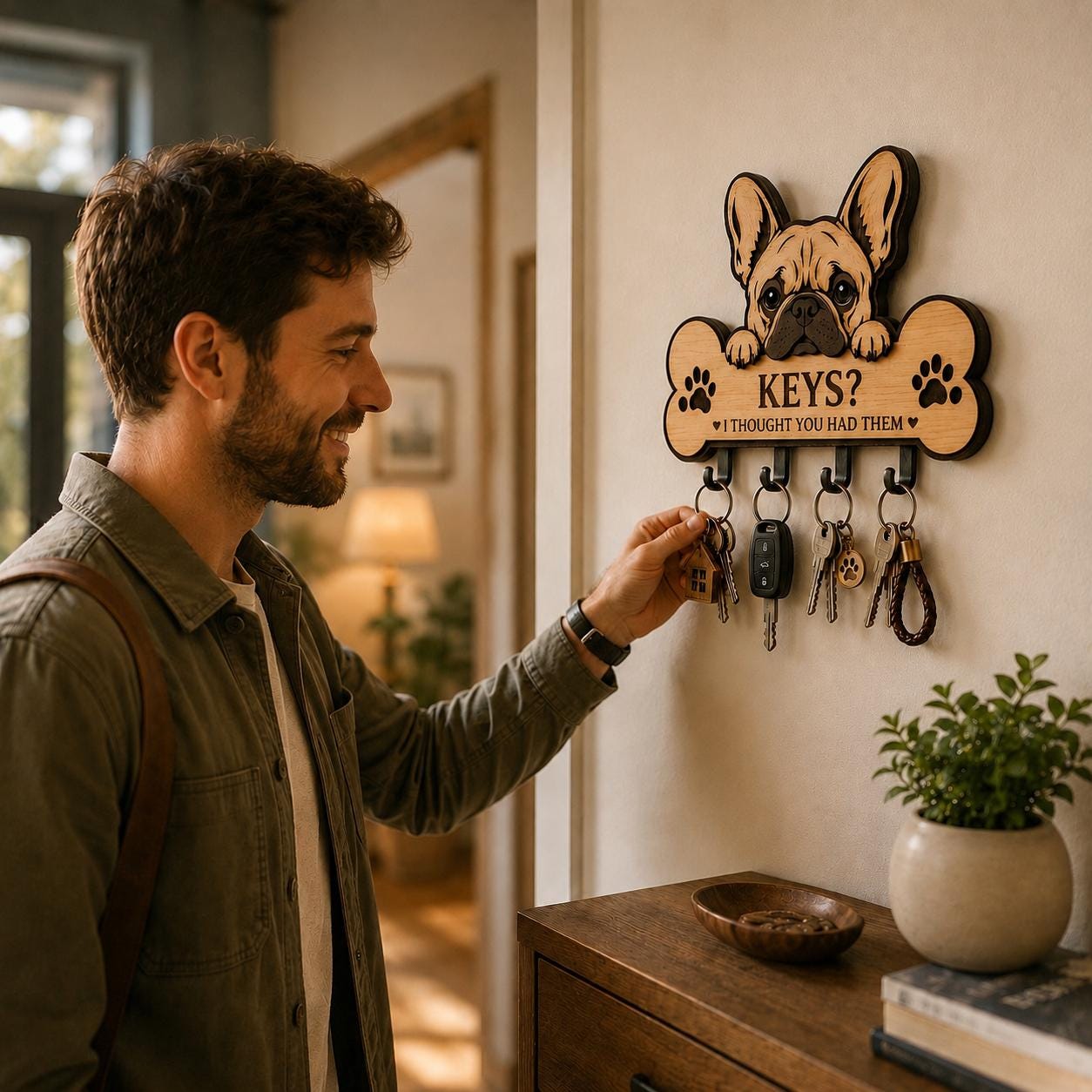 Man placing keys on a French Bulldog key rack SVG mounted near a doorway, highlighting everyday use and easy key organization.