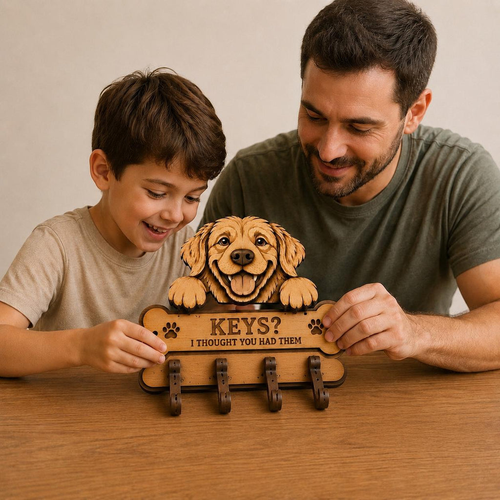 Father and son examining a Golden Retriever key rack laser cut design, featuring a bone-shaped plaque, multiple hooks, and personalized dog-themed home decor.