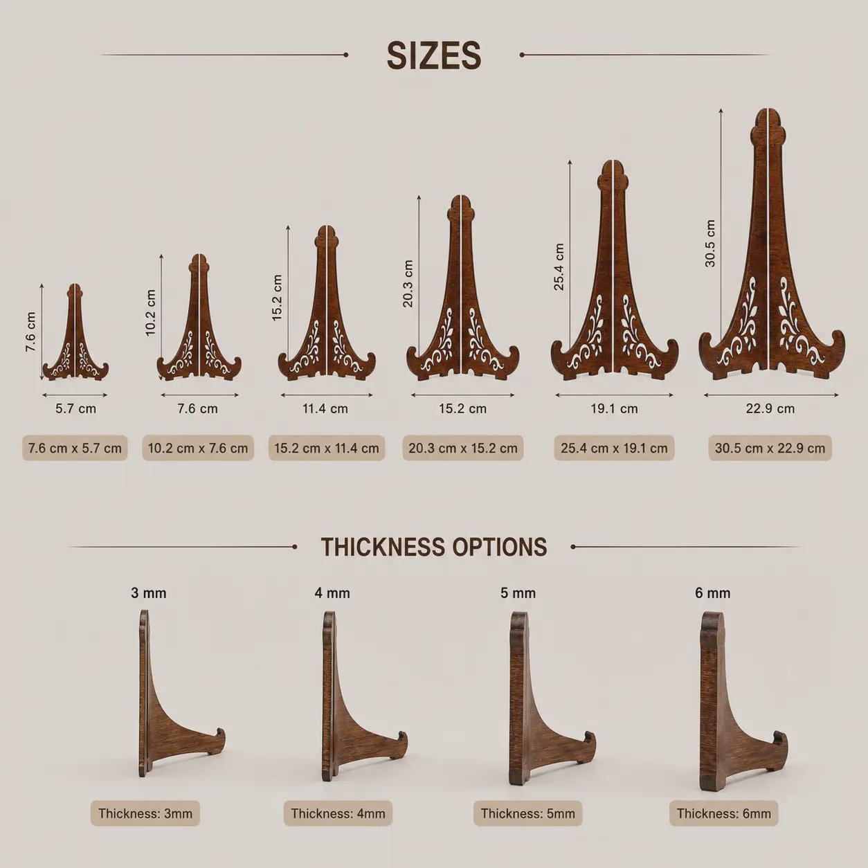 Laser cut easel stand SVG size chart showing six scalable dimensions and material thickness options from 3mm to 6mm for laser cutting machines.