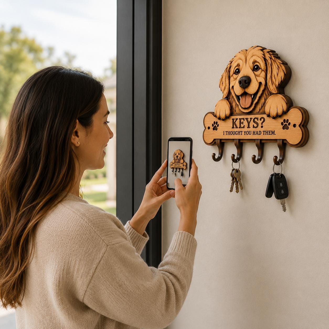 Woman photographing a Golden Retriever key holder mounted near an entryway, featuring decorative dog artwork, key hooks, and laser cut SVG design for dog lovers.
