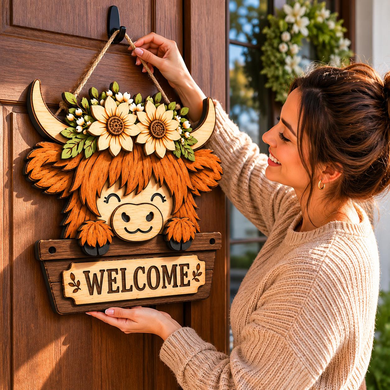 Close-up of a layered Highland cow door hanger with flower crown and welcome plaque, adding warmth and charm to farmhouse entrances.