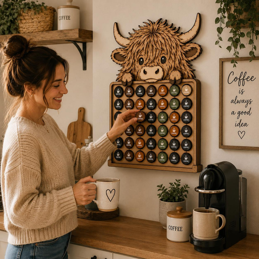 Woman using a Highland Cow coffee pod organizer wall mounted in a farmhouse kitchen, featuring a layered laser cut design for storing Nespresso capsules.