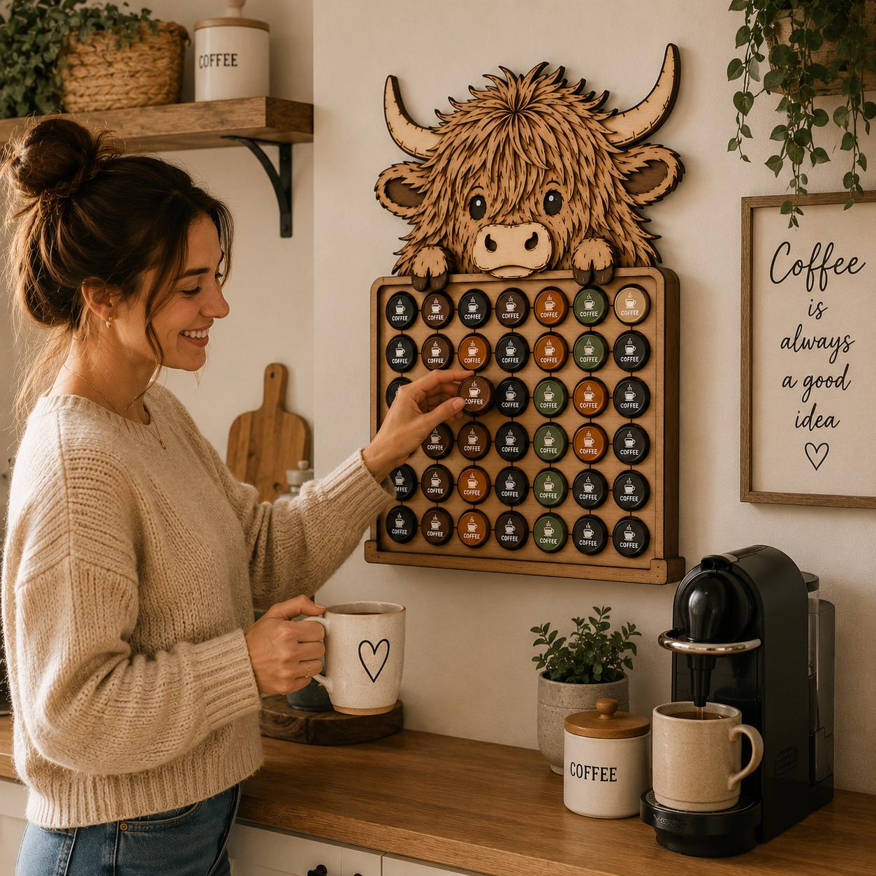 Woman using a Highland Cow coffee pod organizer wall mounted in a farmhouse kitchen, featuring a layered laser cut design for storing Nespresso capsules.