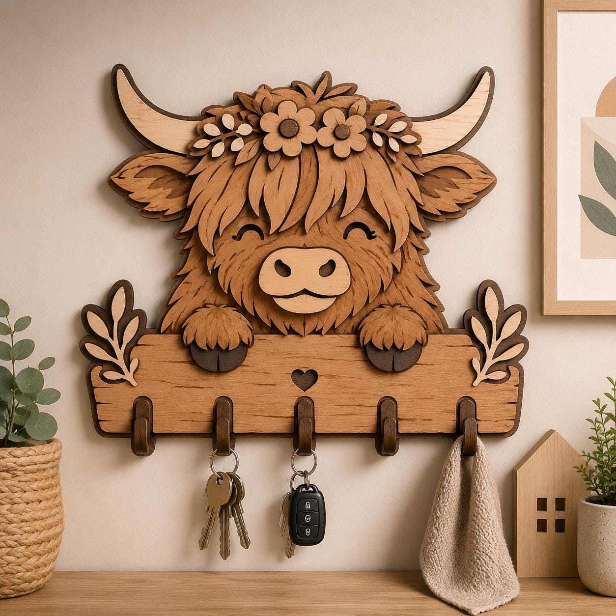Farmhouse Highland Cow key organizer mounted on a wall holding keys and accessories, creating rustic entryway decor with functional storage.