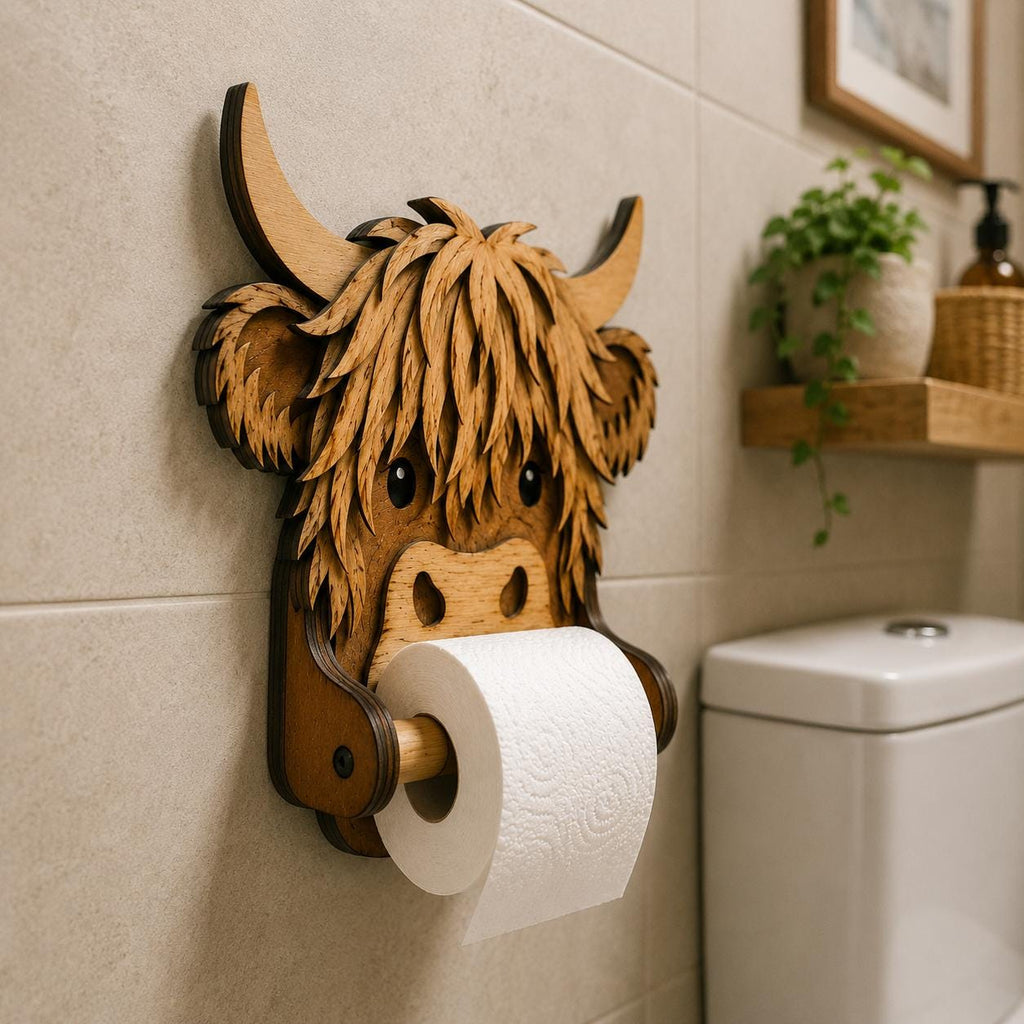 Rustic Highland Cow toilet paper holder mounted on a bathroom wall, featuring layered plywood construction and charming farmhouse decor style.