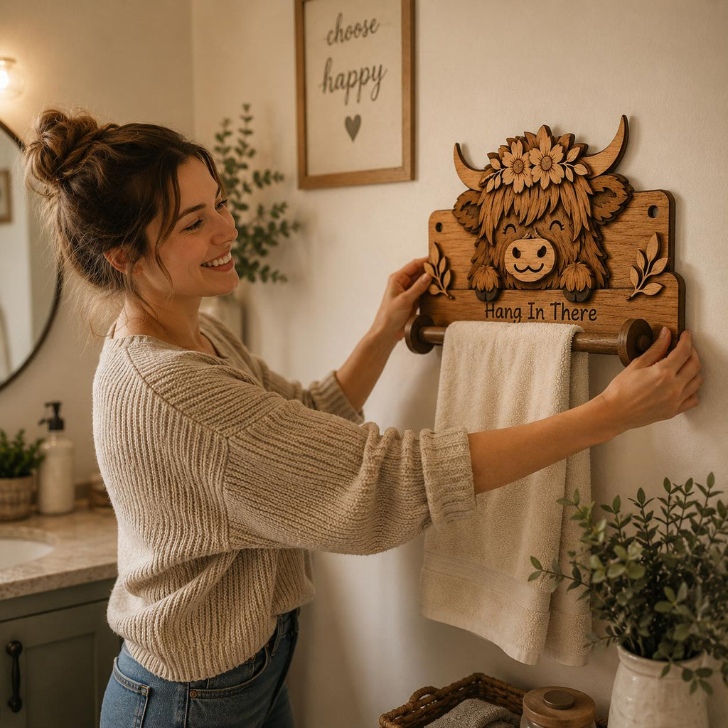 Woman installing a Highland Cow towel holder in a cozy farmhouse bathroom, demonstrating wall-mounted laser cut decor and towel storage functionality.