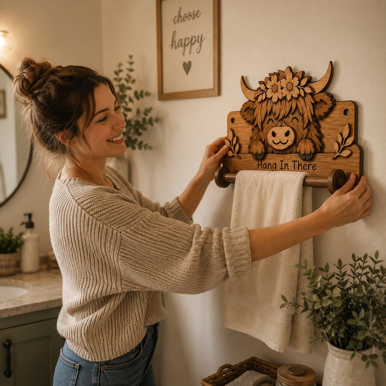 Woman installing a Highland Cow towel holder in a cozy farmhouse bathroom, demonstrating wall-mounted laser cut decor and towel storage functionality.