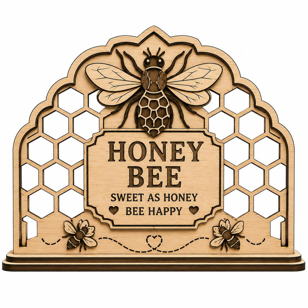Front view of a Honey Bee Napkin Holder SVG with layered laser cut details, honeycomb background, decorative bees, and farmhouse-inspired wooden finish.