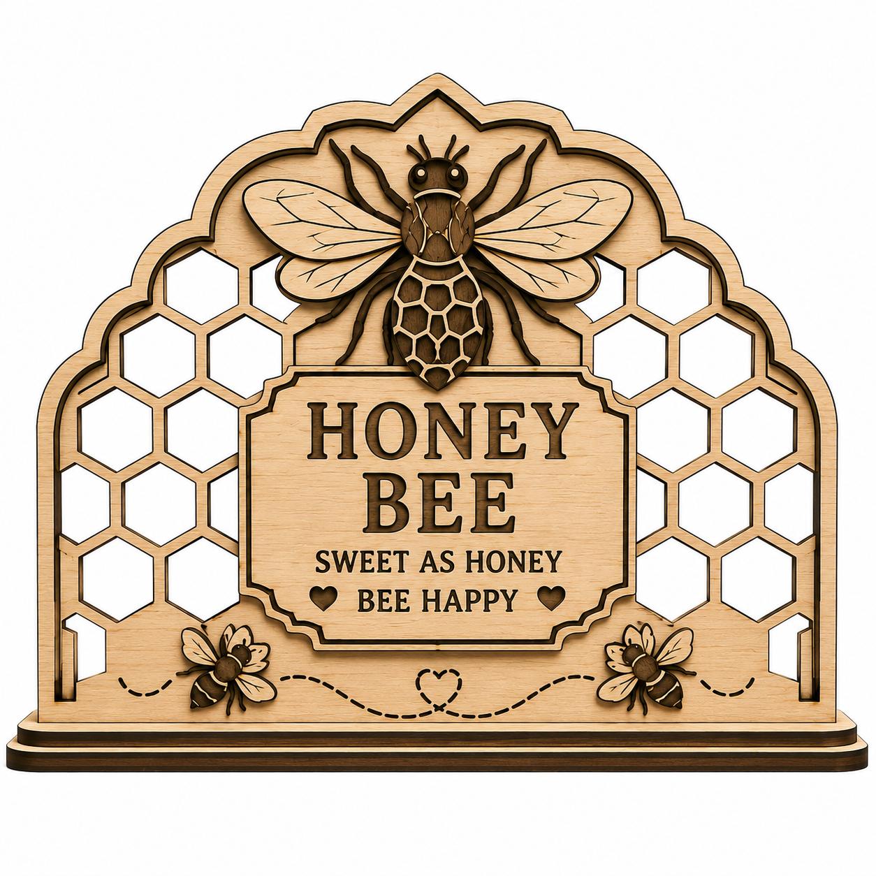Front view of a Honey Bee Napkin Holder SVG with layered laser cut details, honeycomb background, decorative bees, and farmhouse-inspired wooden finish.
