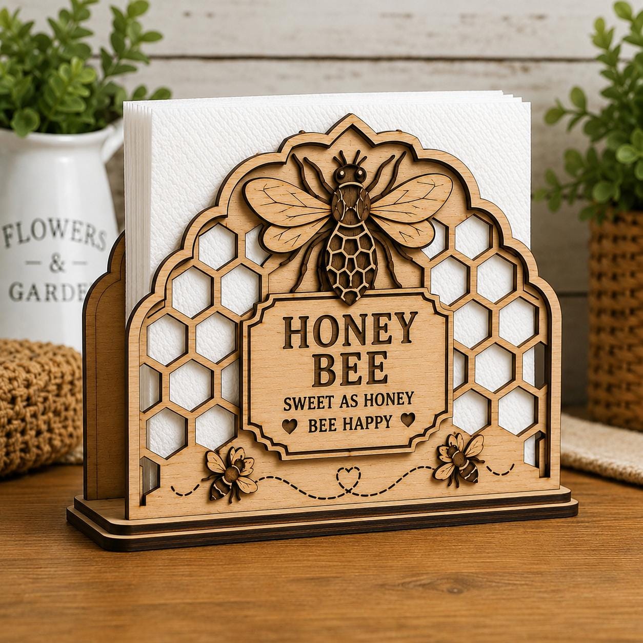 Farmhouse Honey Bee Napkin Holder made from layered wood featuring honeycomb accents and bee illustrations, perfect for rustic kitchen and dining room decor.
