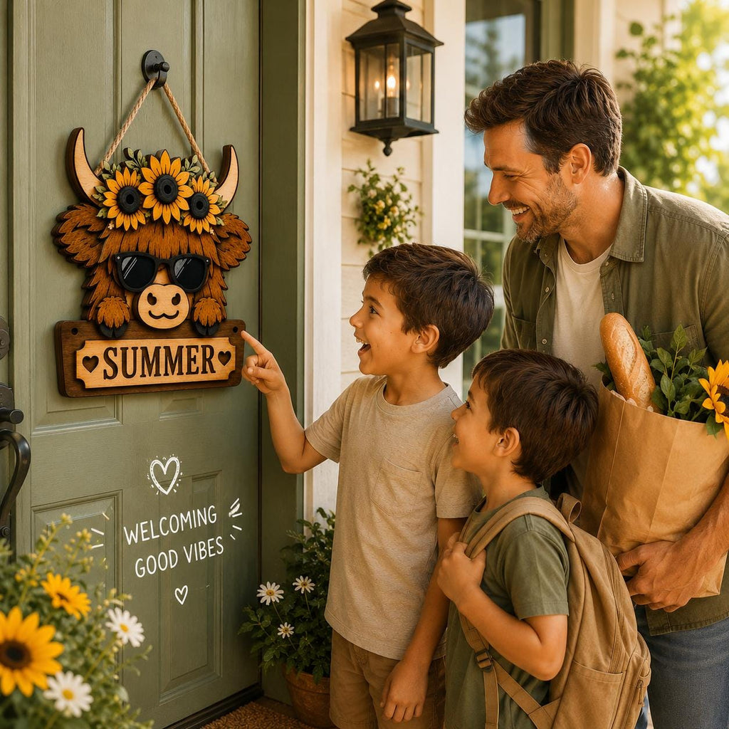Family admiring a Highland cow summer door hanger with sunflower crown and sunglasses, adding cheerful farmhouse charm to the home entrance.