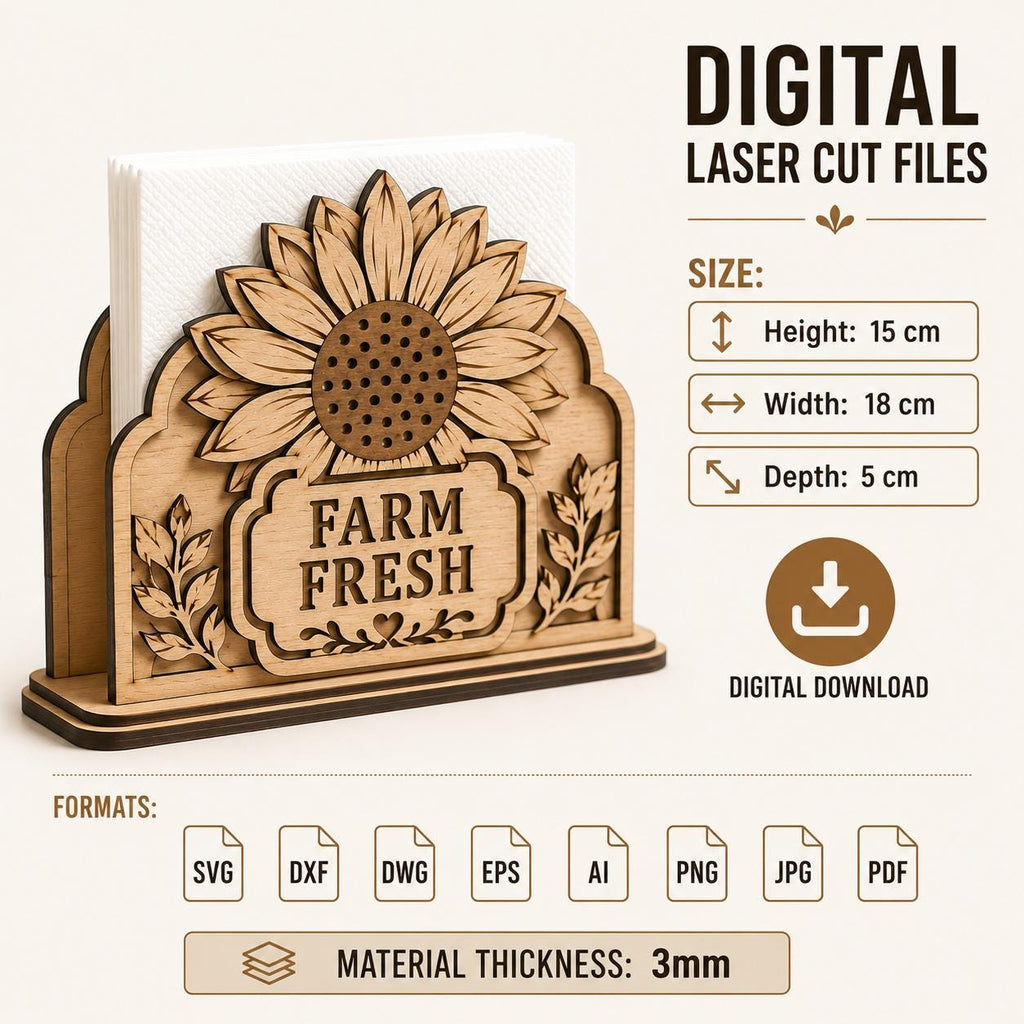 Layered wooden sunflower napkin holder with Farm Fresh sign and decorative leaves. Digital SVG file ideal for farmhouse table decor, laser cutting, woodworking, and DIY kitchen accessories.