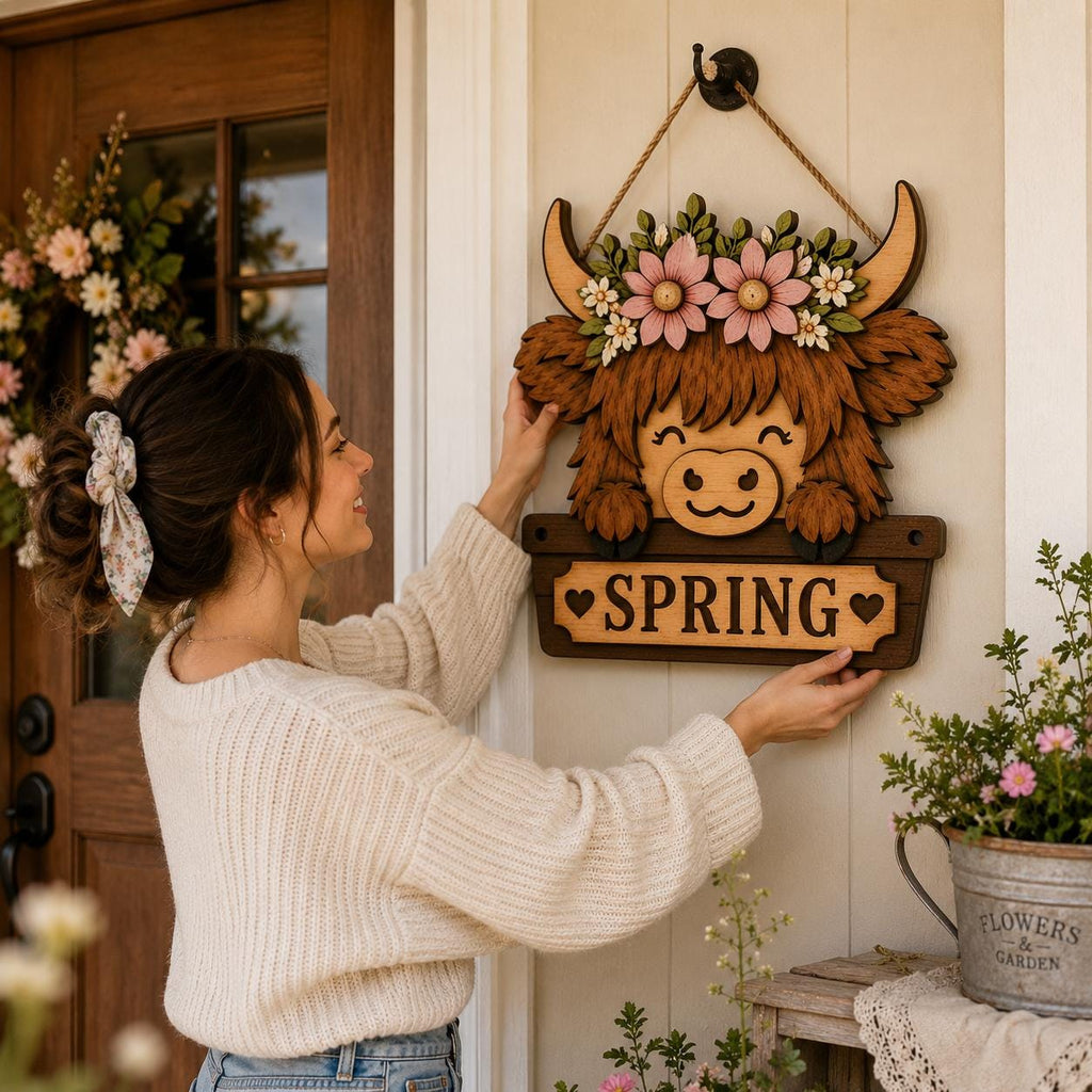 Close-up angled mockup of a floral Spring Highland Cow SVG door hanger featuring layered wood textures, pink flowers, and farmhouse spring decor styling.