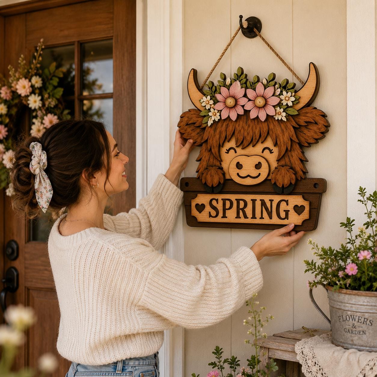 Close-up angled mockup of a floral Spring Highland Cow SVG door hanger featuring layered wood textures, pink flowers, and farmhouse spring decor styling.