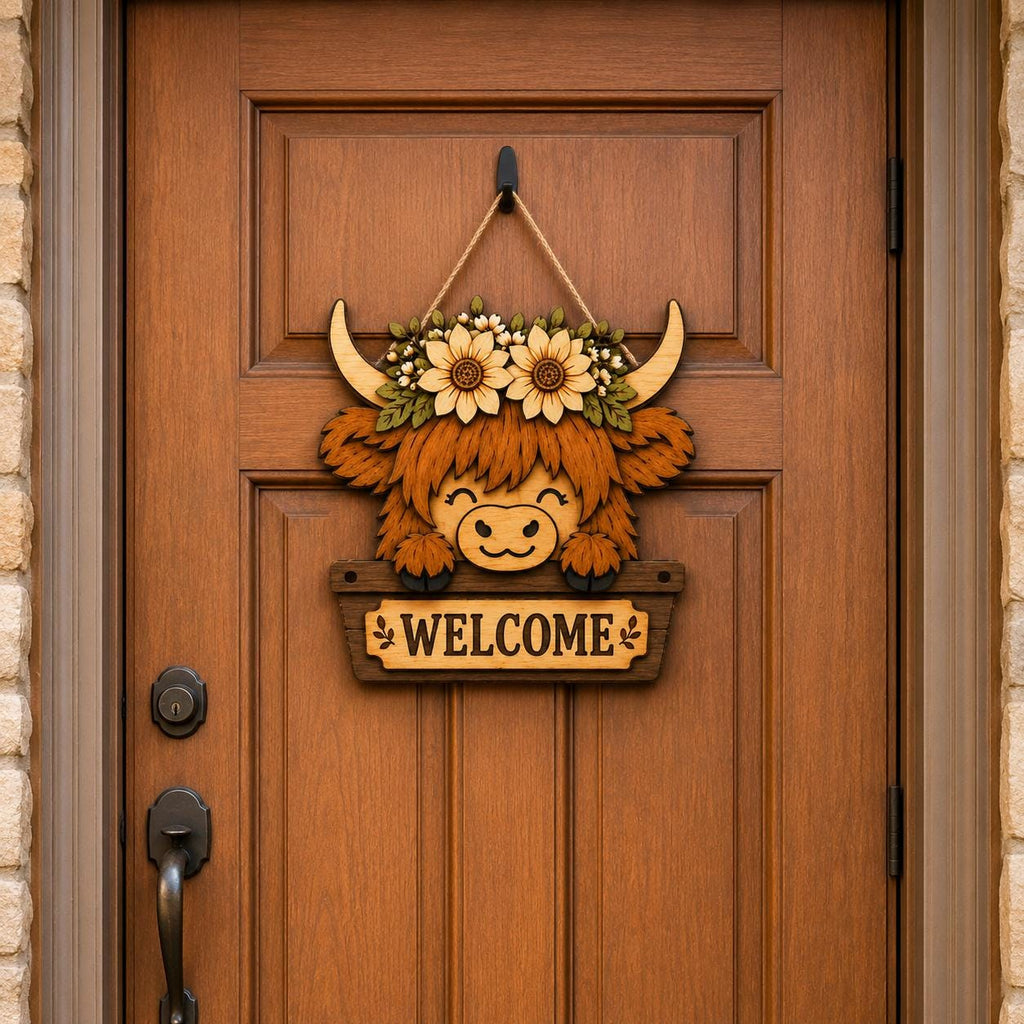 Layered Highland cow wall art featuring a flower crown, smiling face, and welcome message, perfect for rustic farmhouse decoration.