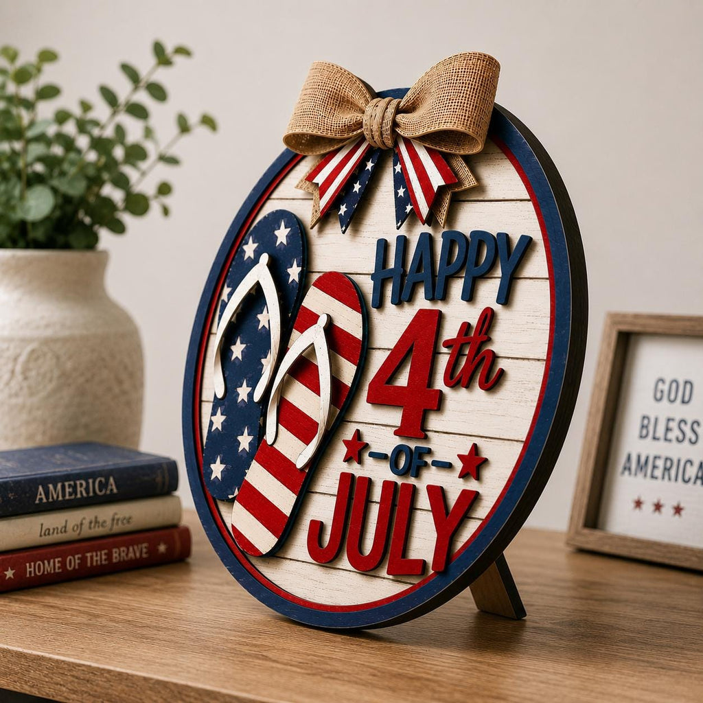 Freestanding Happy 4th of July sign with patriotic flip flops, layered wood appearance, tabletop display stand, and laser cut SVG file for DIY holiday decorations.