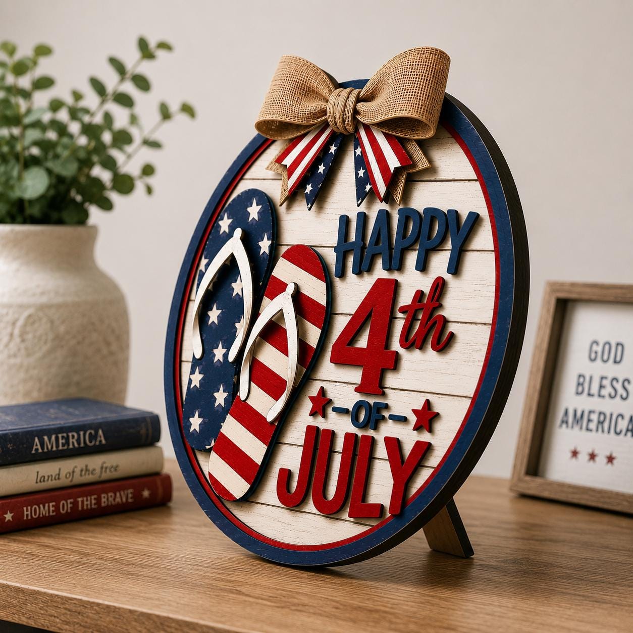 Freestanding Happy 4th of July sign with patriotic flip flops, layered wood appearance, tabletop display stand, and laser cut SVG file for DIY holiday decorations.