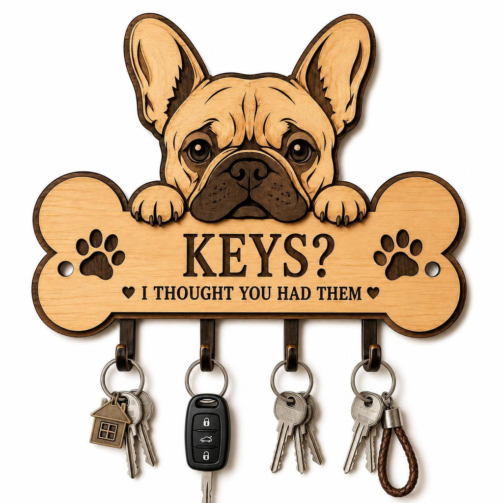 French Bulldog key holder SVG laser cut file featuring a layered wooden dog design with four key hooks and a funny “Keys? I Thought You Had Them” sign.