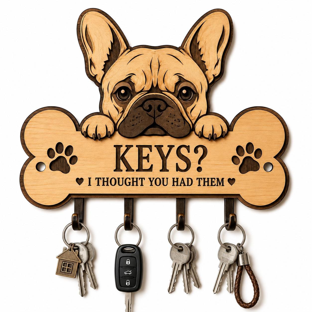 French Bulldog key holder SVG laser cut file featuring a layered wooden dog design with four key hooks and a funny “Keys? I Thought You Had Them” sign.