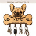French Bulldog key holder SVG laser cut file featuring a layered wooden dog design with four key hooks and a funny “Keys? I Thought You Had Them” sign.