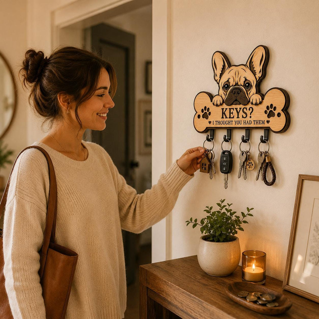 Woman using a French Bulldog key holder wall organizer in an entryway, demonstrating practical key storage and decorative laser cut wall art.