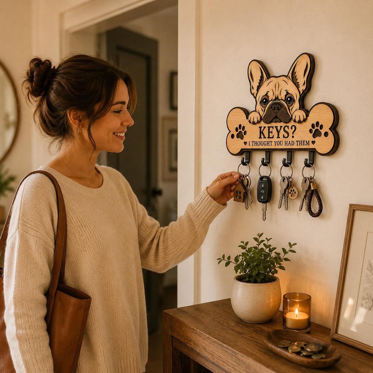 Woman using a French Bulldog key holder wall organizer in an entryway, demonstrating practical key storage and decorative laser cut wall art.