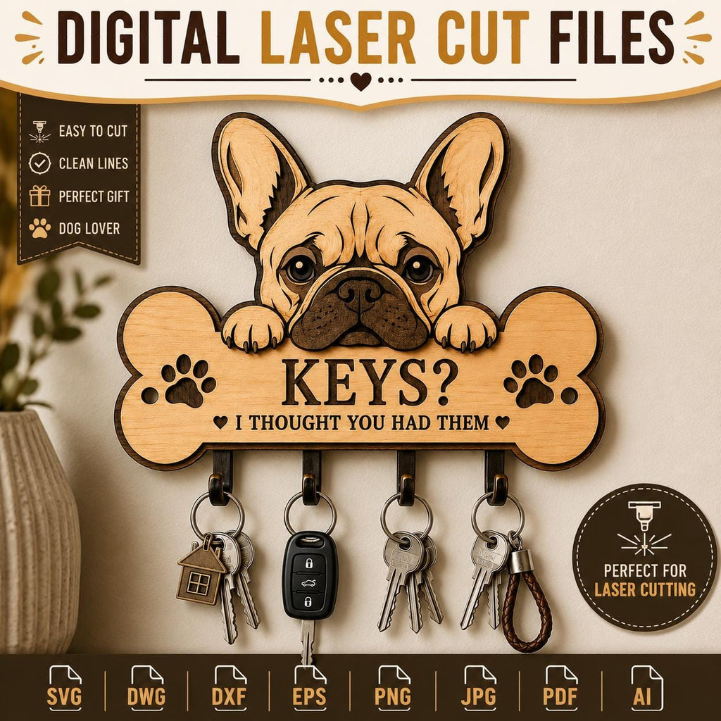 French Bulldog key rack SVG displayed as a laser cut wall organizer, ideal for dog lovers, home entryways, and wooden DIY projects.