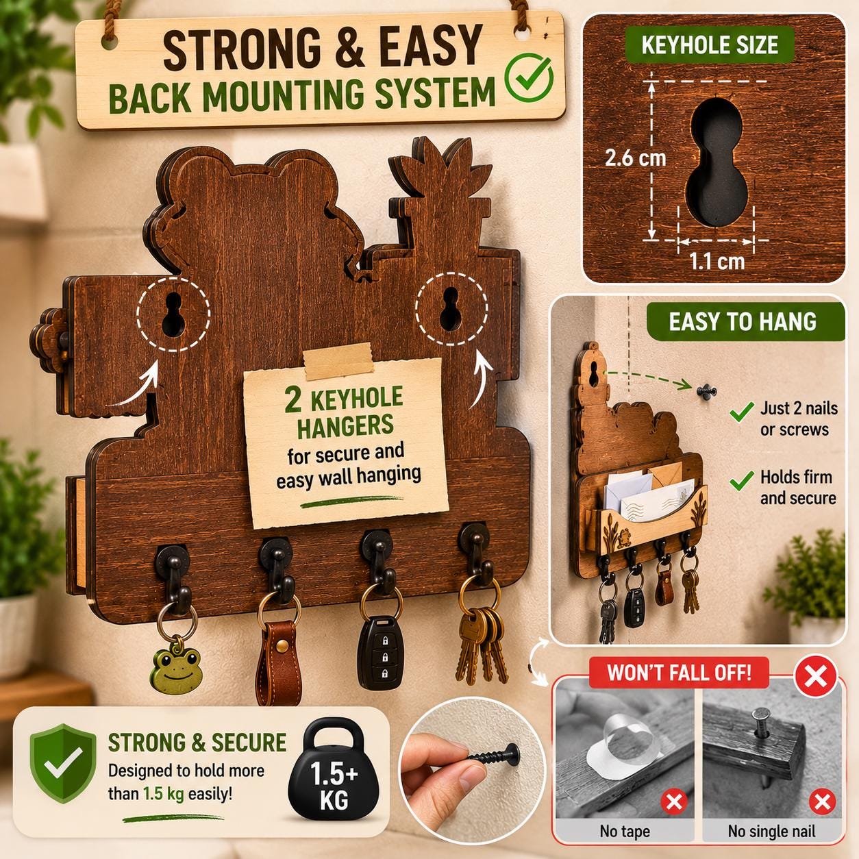 Back mounting system for frog on toilet mail holder SVG showing keyhole hangers, wall mounting instructions, and secure installation details.