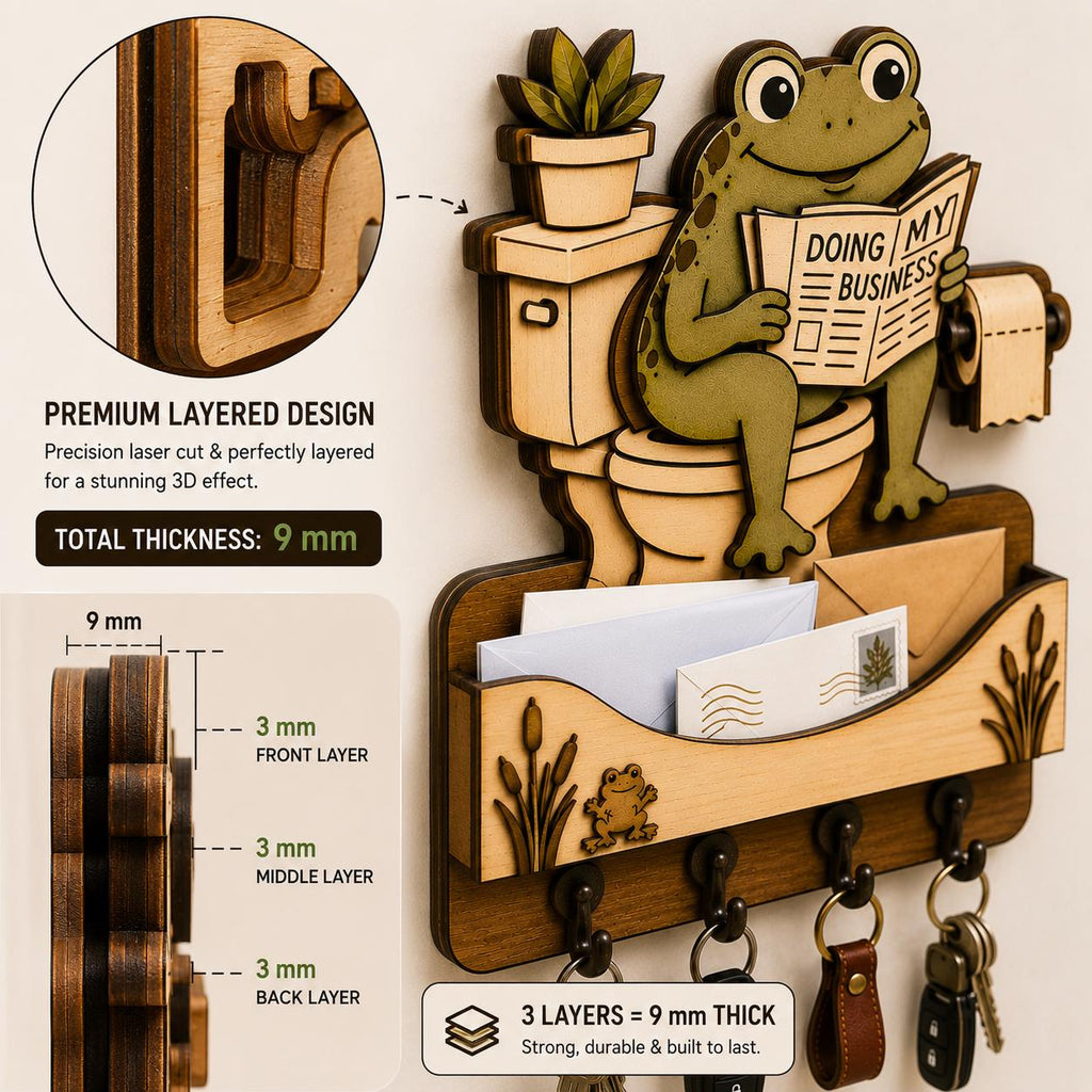 Frog on toilet layered SVG laser cut design showing 9mm total thickness with three stacked wood layers for a premium 3D effect.