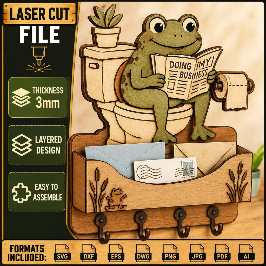 Funny frog sitting on a toilet reading a newspaper mail holder and key organizer laser cut SVG file with layered wooden design and wall mounted hooks.