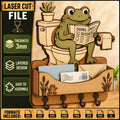 Funny frog sitting on a toilet reading a newspaper mail holder and key organizer laser cut SVG file with layered wooden design and wall mounted hooks.