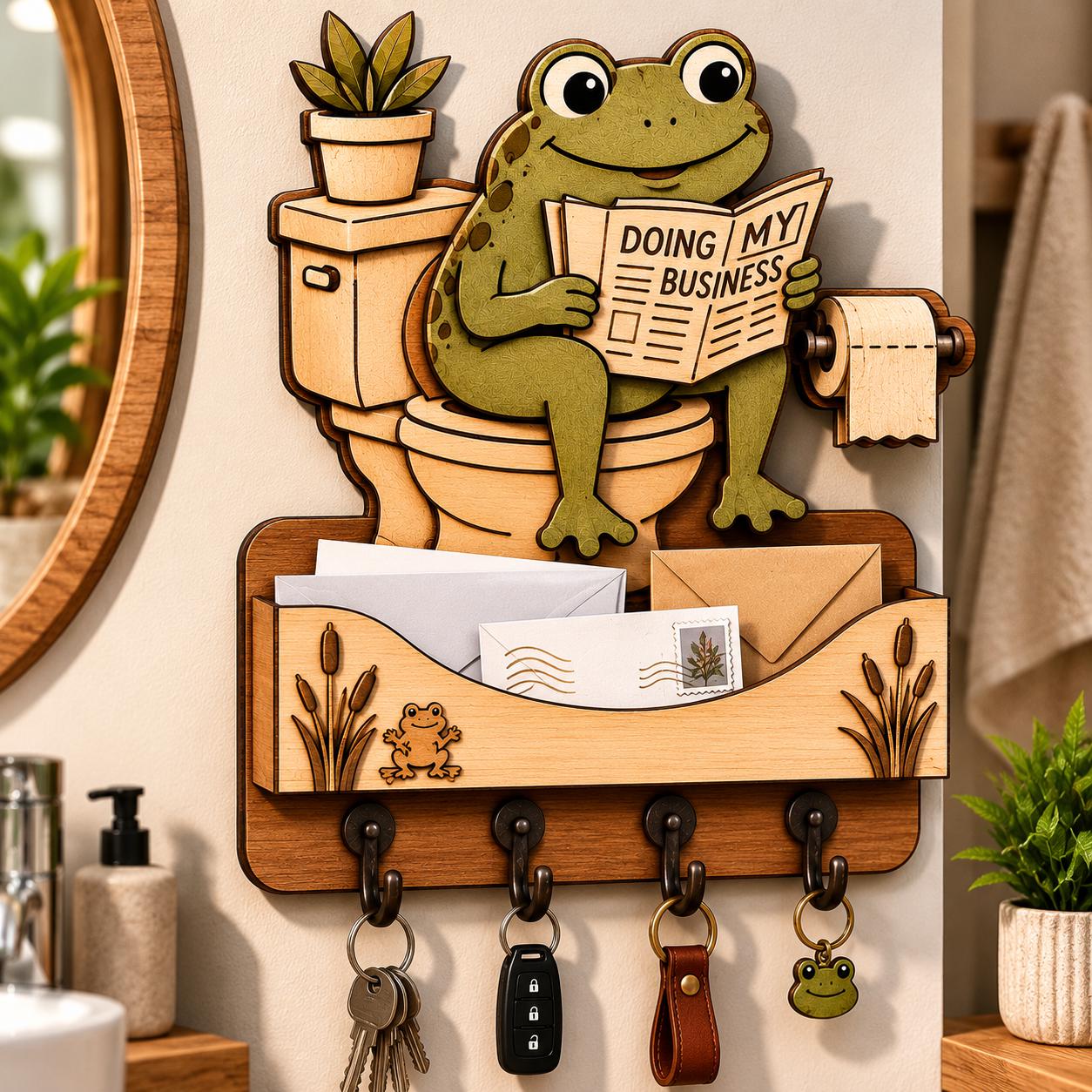 Funny frog reading newspaper on toilet wooden mail holder with key hooks and decorative layered laser cut design.