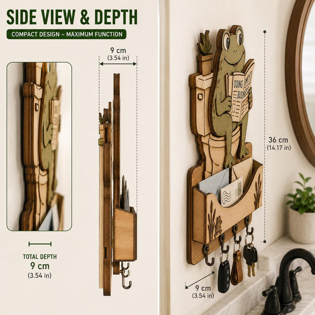 Side profile and dimensions of frog on toilet mail holder laser cut SVG showing depth, height, and wall mounted design details.