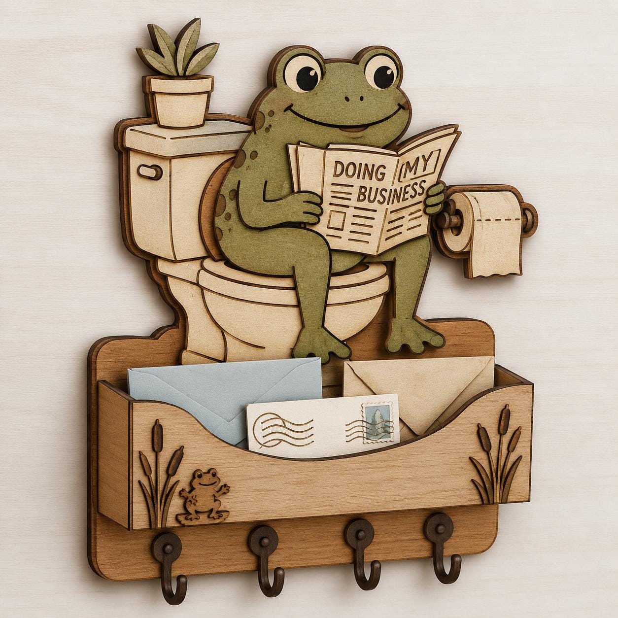 Layered wooden frog sitting on toilet mail holder SVG file with key hooks, mail pocket, and humorous bathroom wall organizer design.
