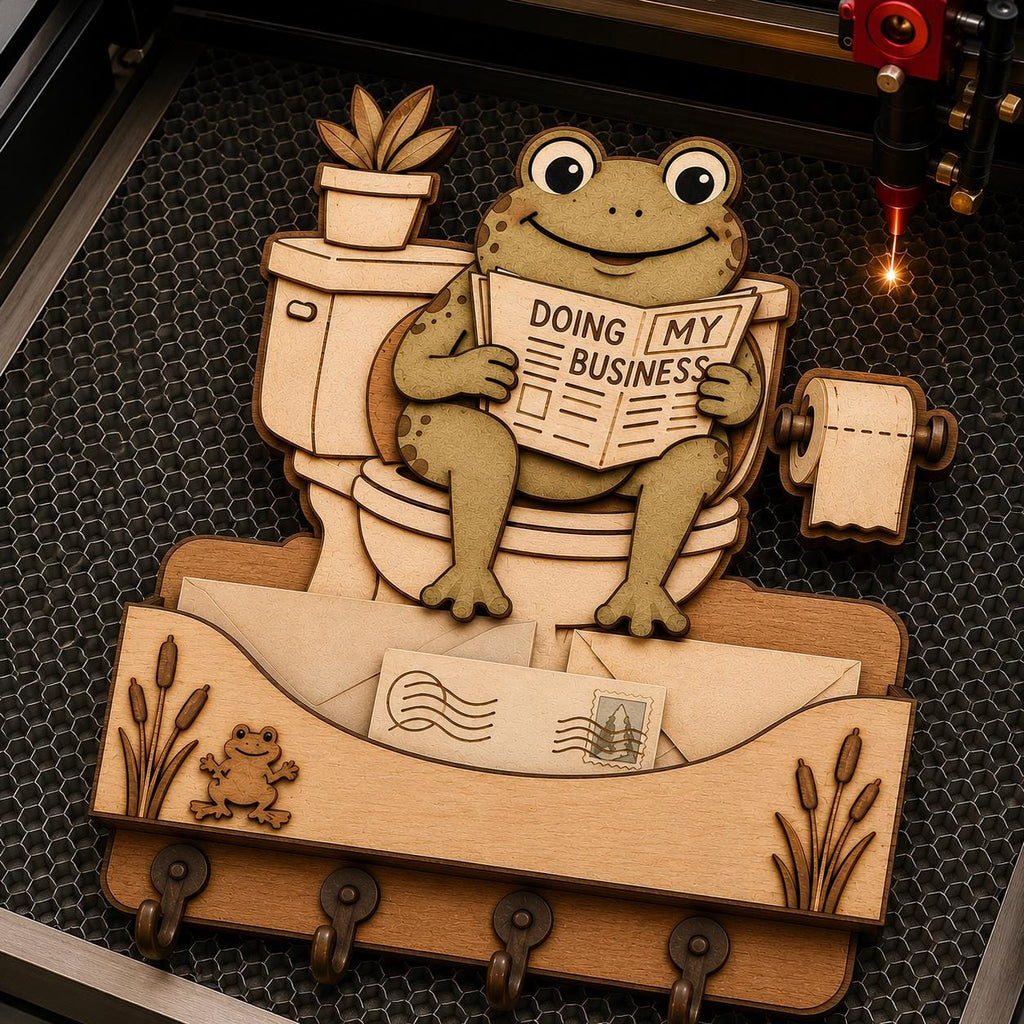Laser machine engraving a frog on toilet SVG design on wood for creating a layered mail holder and key organizer.