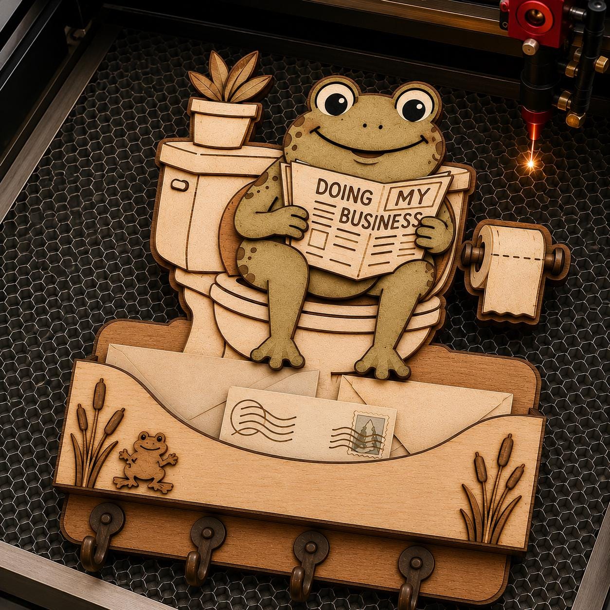 Laser machine engraving a frog on toilet SVG design on wood for creating a layered mail holder and key organizer.
