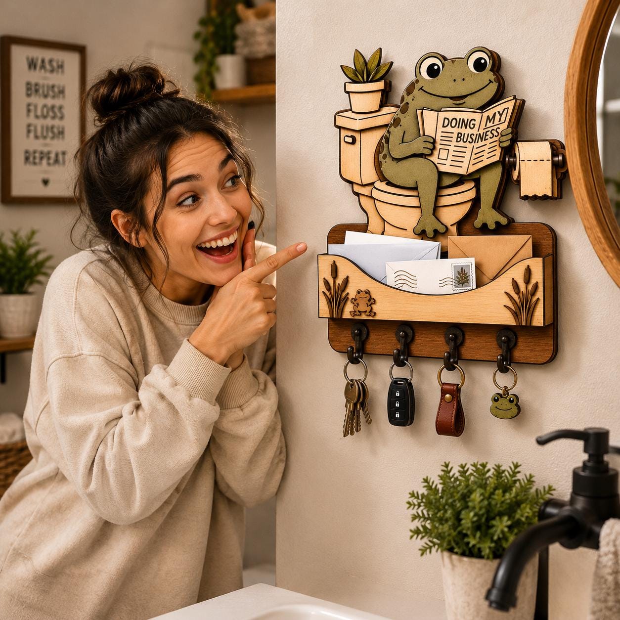 Woman smiling at a funny frog sitting on a toilet wall organizer with mail storage and key hooks, perfect for bathroom decor.