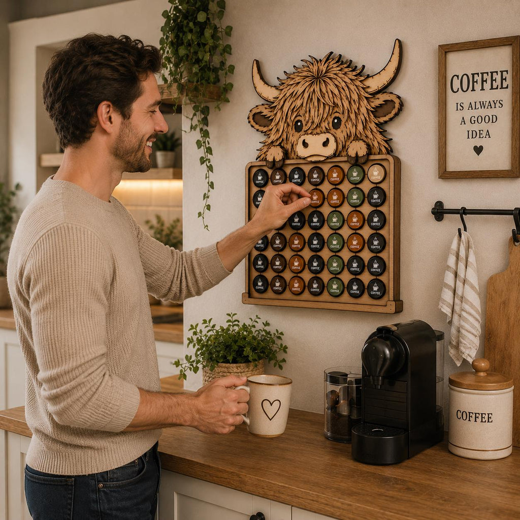 Funny Highland Cow coffee pod holder mounted on a kitchen wall, storing Nespresso capsules while adding rustic farmhouse charm to a coffee station.