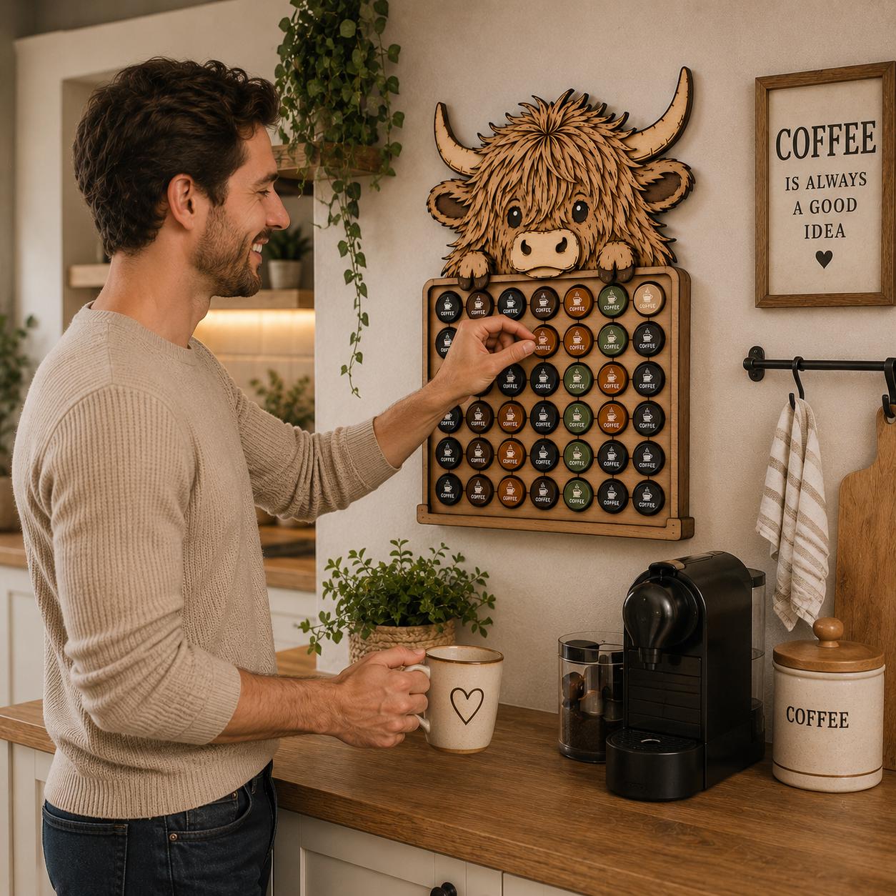 Funny Highland Cow coffee pod holder mounted on a kitchen wall, storing Nespresso capsules while adding rustic farmhouse charm to a coffee station.